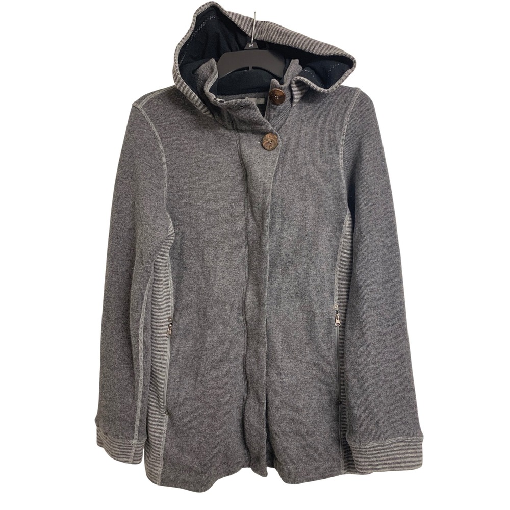 Prana Breathe Gray Wool Blend Hooded Full Zip Jacket Striped Trim Medium